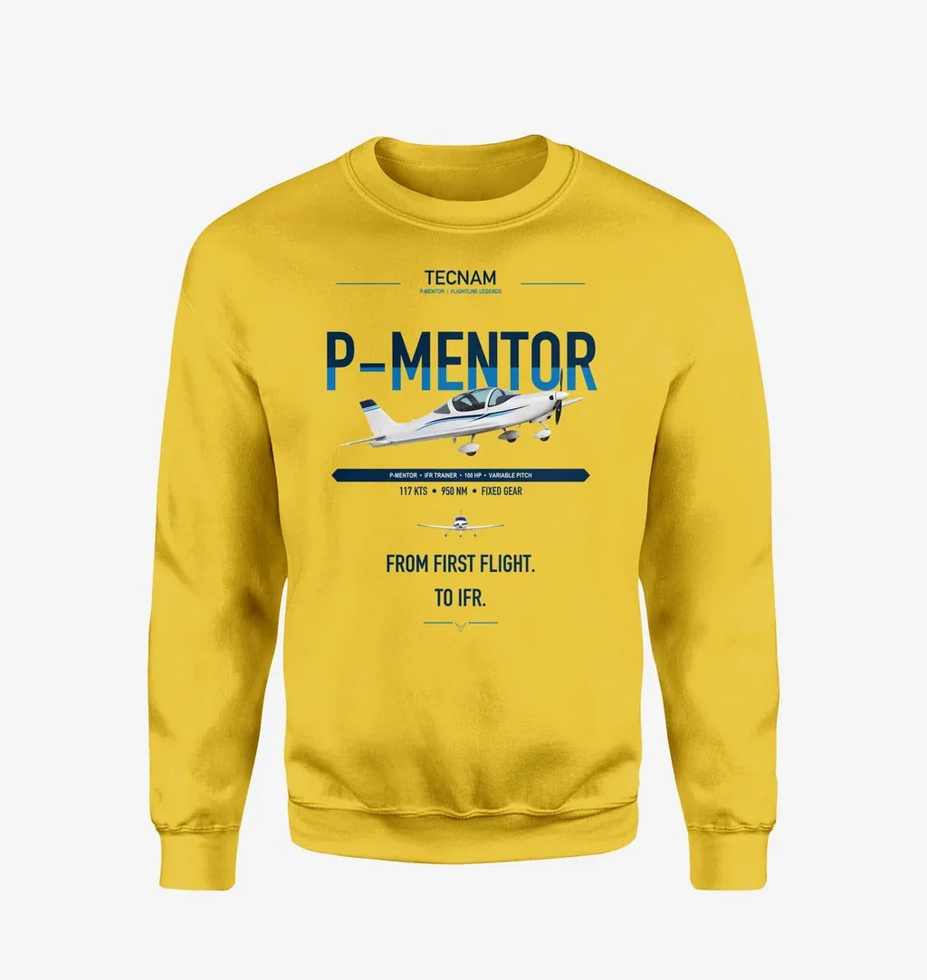 Tecnam P-Mentor design on yellow sweatshirt
