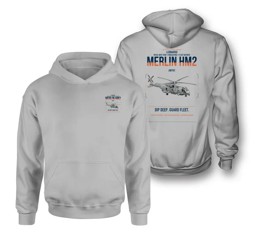 Leonardo AW101 Merlin HM2 design on light gray double-side hoodie, double-side print