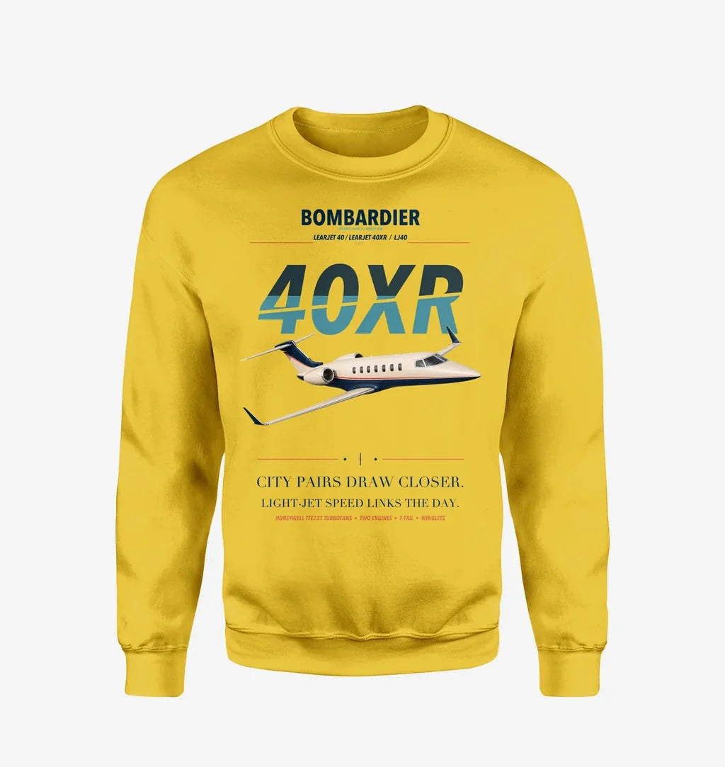 Bombardier Learjet 40XR design on yellow sweatshirt