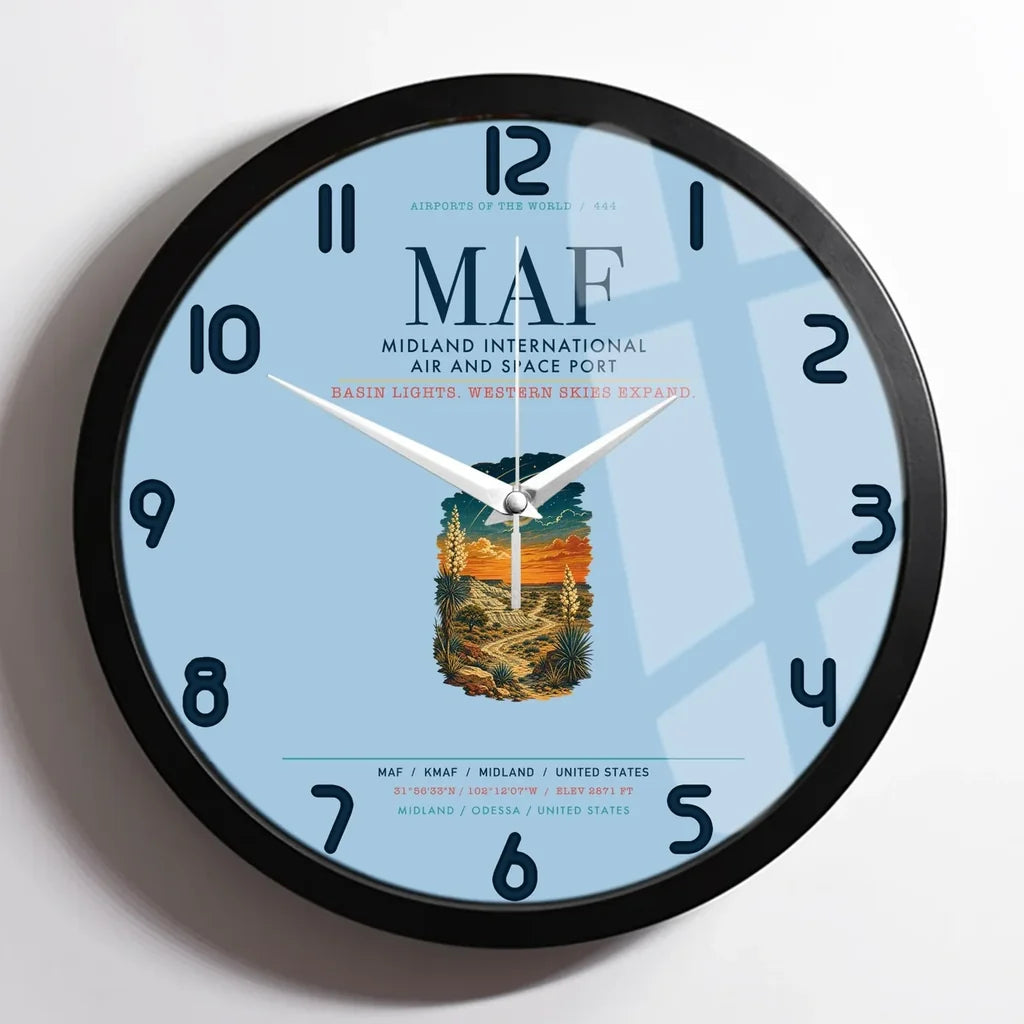 Midland International Air and Space Port (MAF) design on light blue framed wall clock
