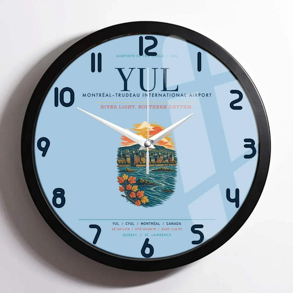 Montréal–Trudeau International Airport (YUL) design on light blue framed wall clock