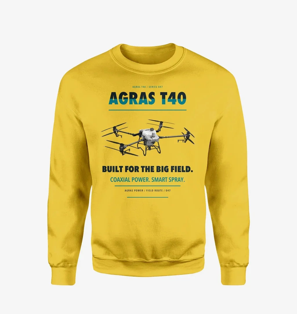 DJI Agras T40 design on yellow sweatshirt