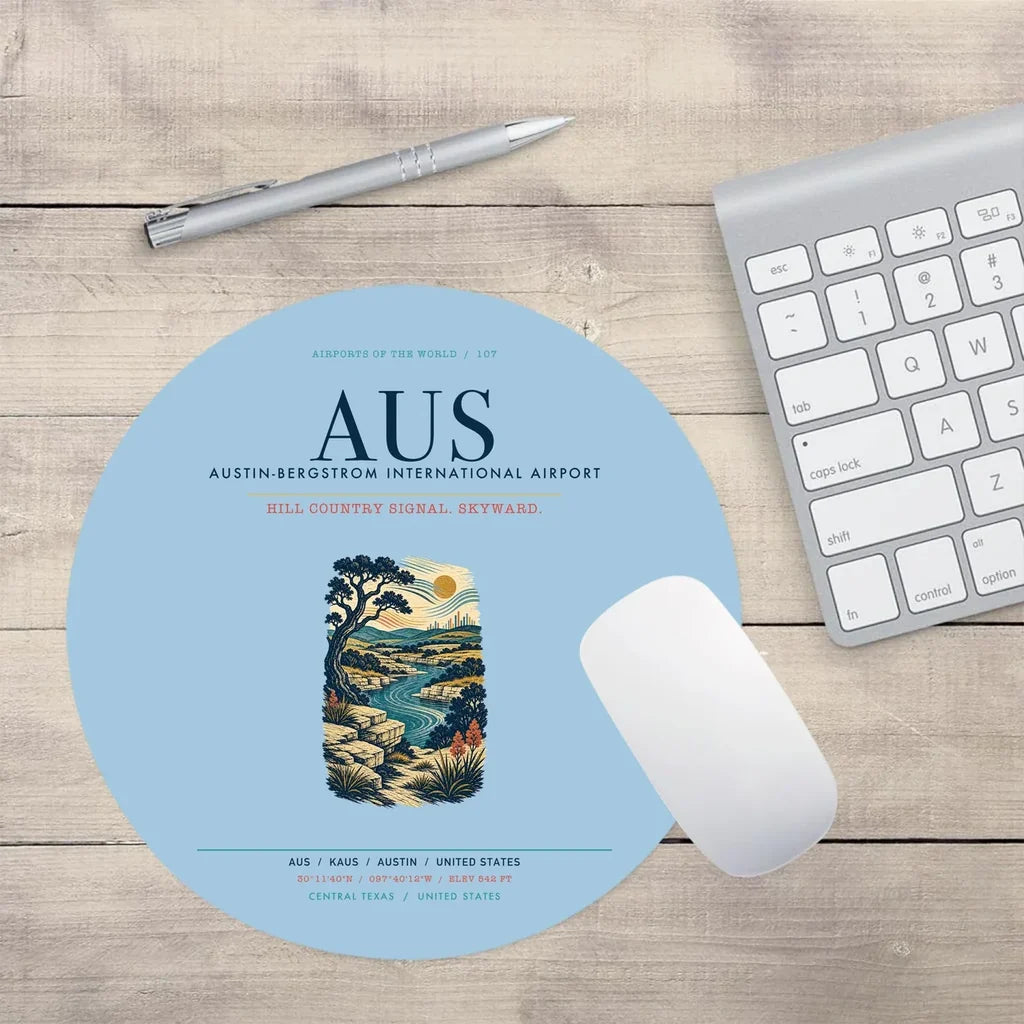 Austin-Bergstrom International Airport (AUS) design on light blue round mouse pad