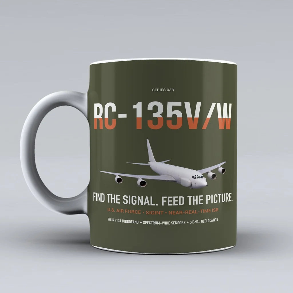 RC-135V W Rivet Joint design on green army ceramic mug, double-side print