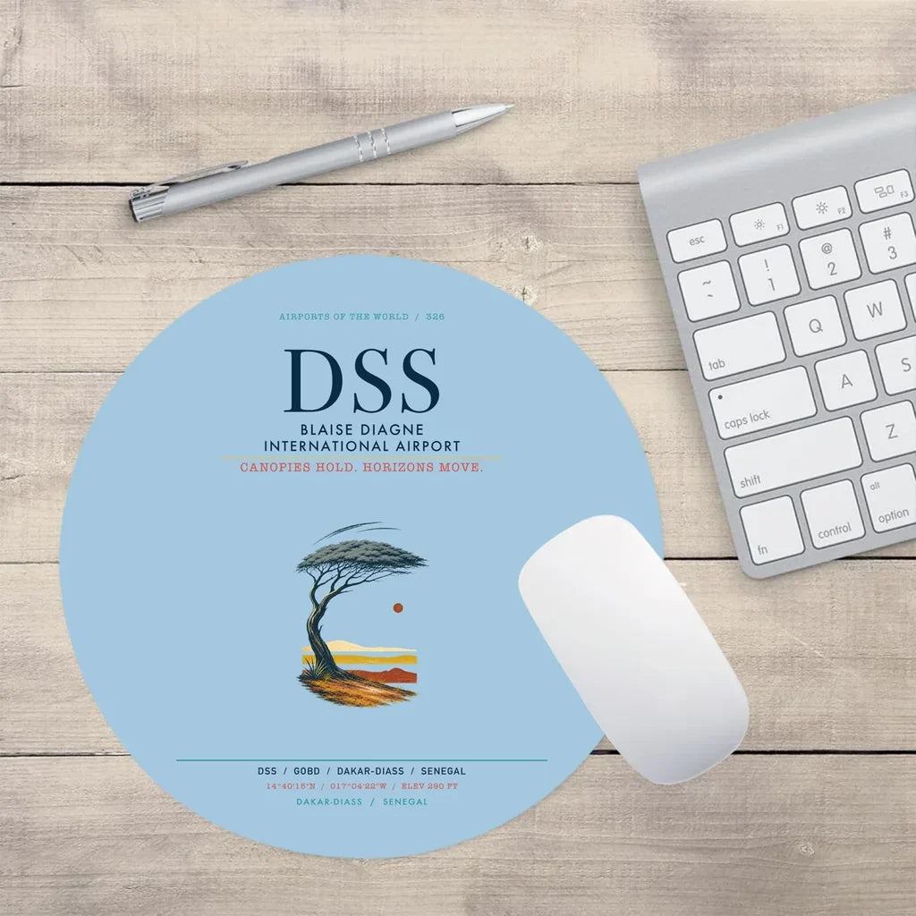 Blaise Diagne International Airport (DSS) design on light blue round mouse pad