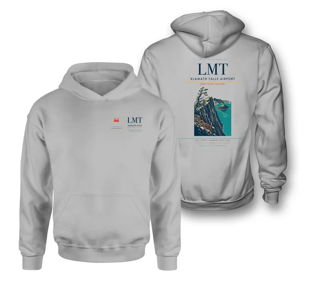 Klamath Falls Airport (LMT) design on light gray double-side hoodie