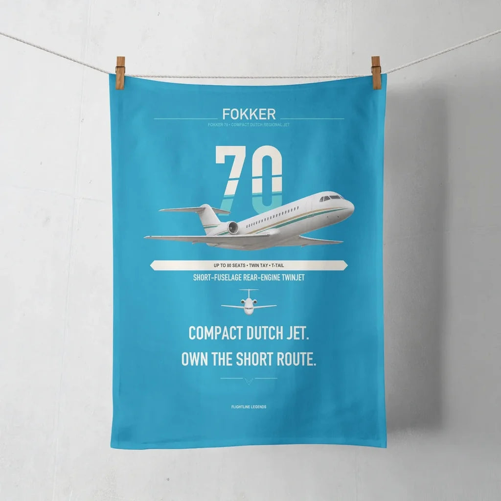 Fokker 70 design on turquoise towel