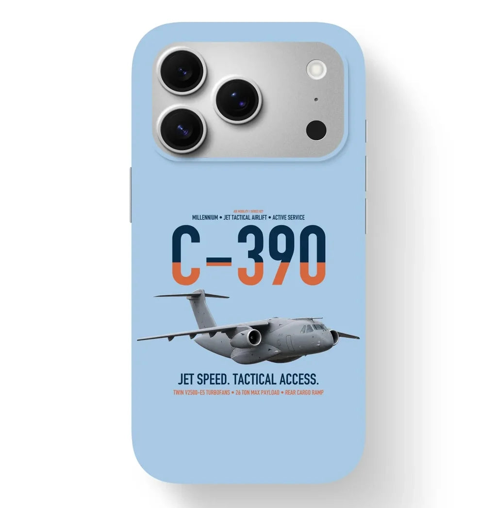 C-390 Millennium design on light blue magsafe iphone case, for iPhone 17 Pro