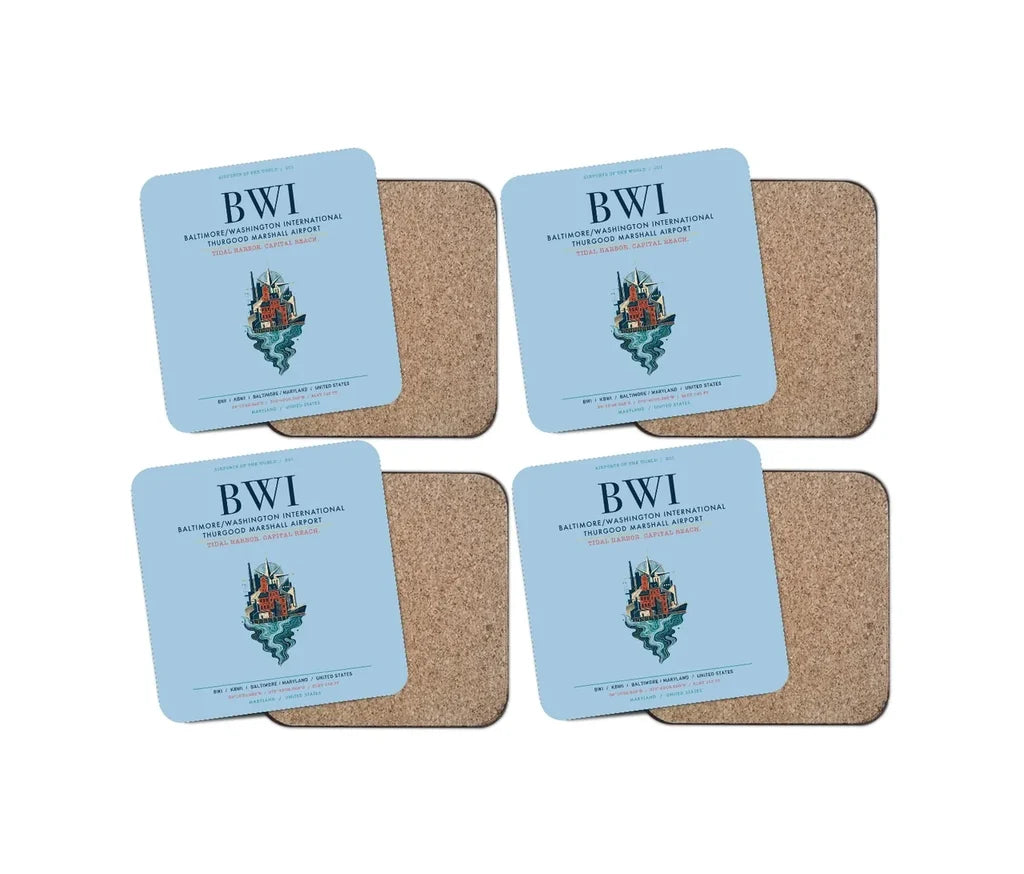 Baltimore-Washington International Thurgood Marshall Airport (BWI) design on light blue 4 pieces set coaster