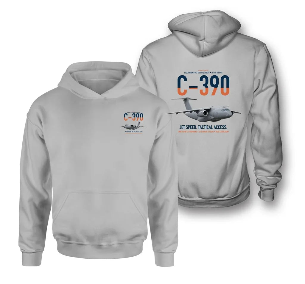C-390 Millennium design on light gray double-side hoodie, double-side print