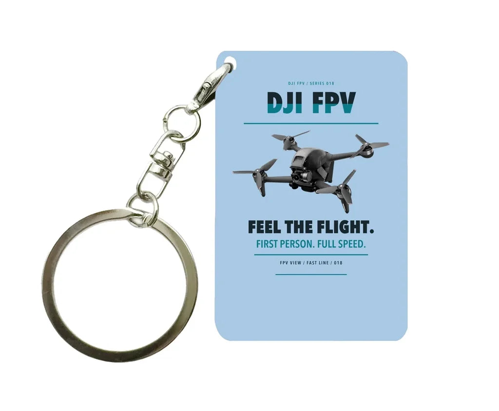 DJI FPV Key Chain design on light blue key chain