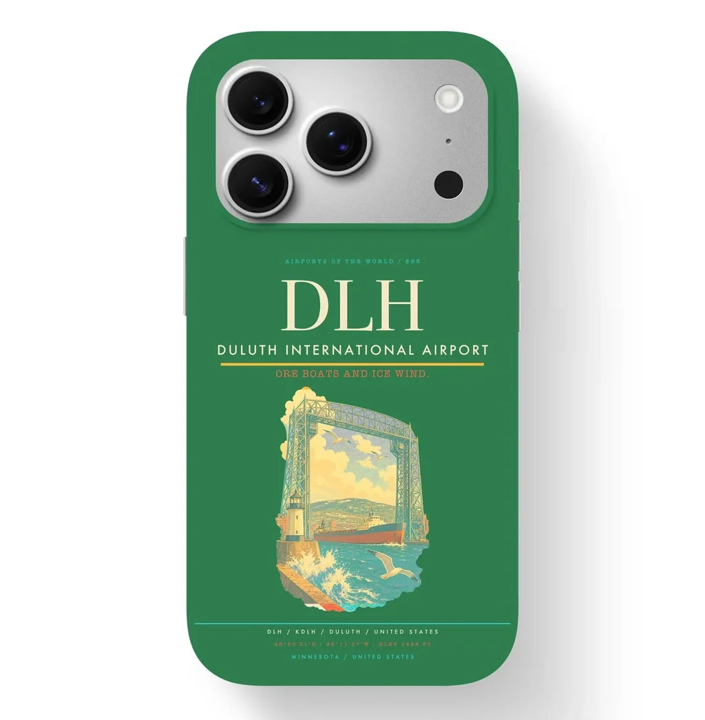 Duluth Airport (DLH) design on green iPhone 17 Pro MagSafe case