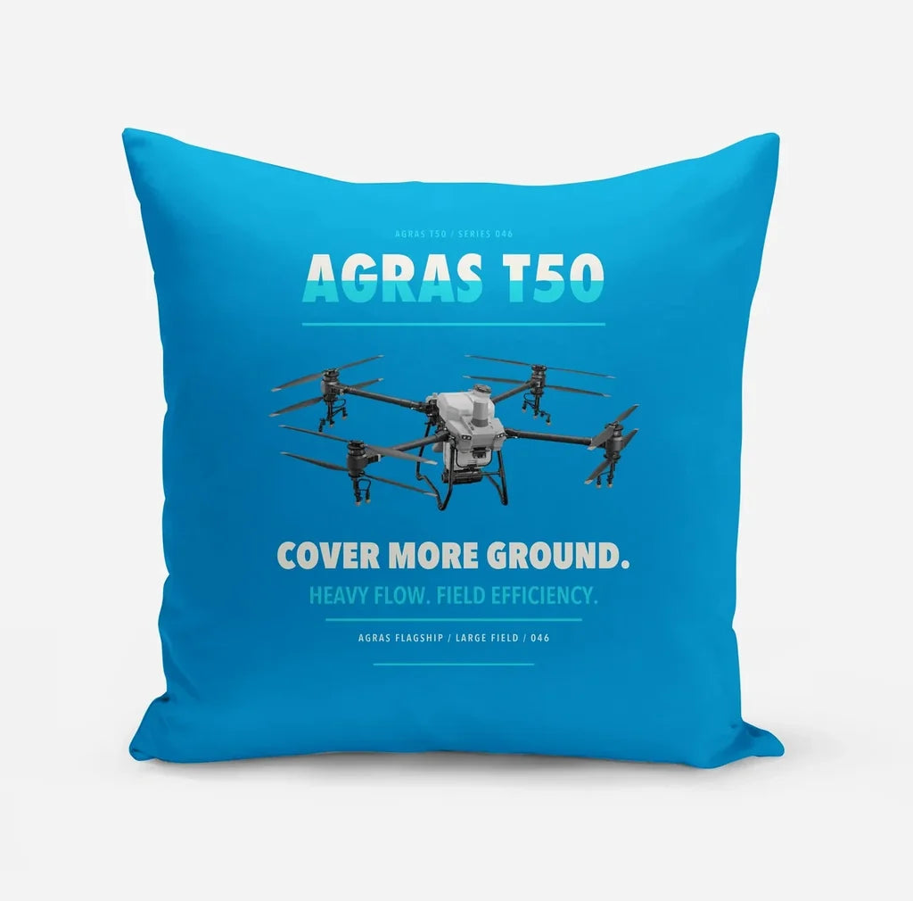 DJI Agras T50 design on turquoise pillow