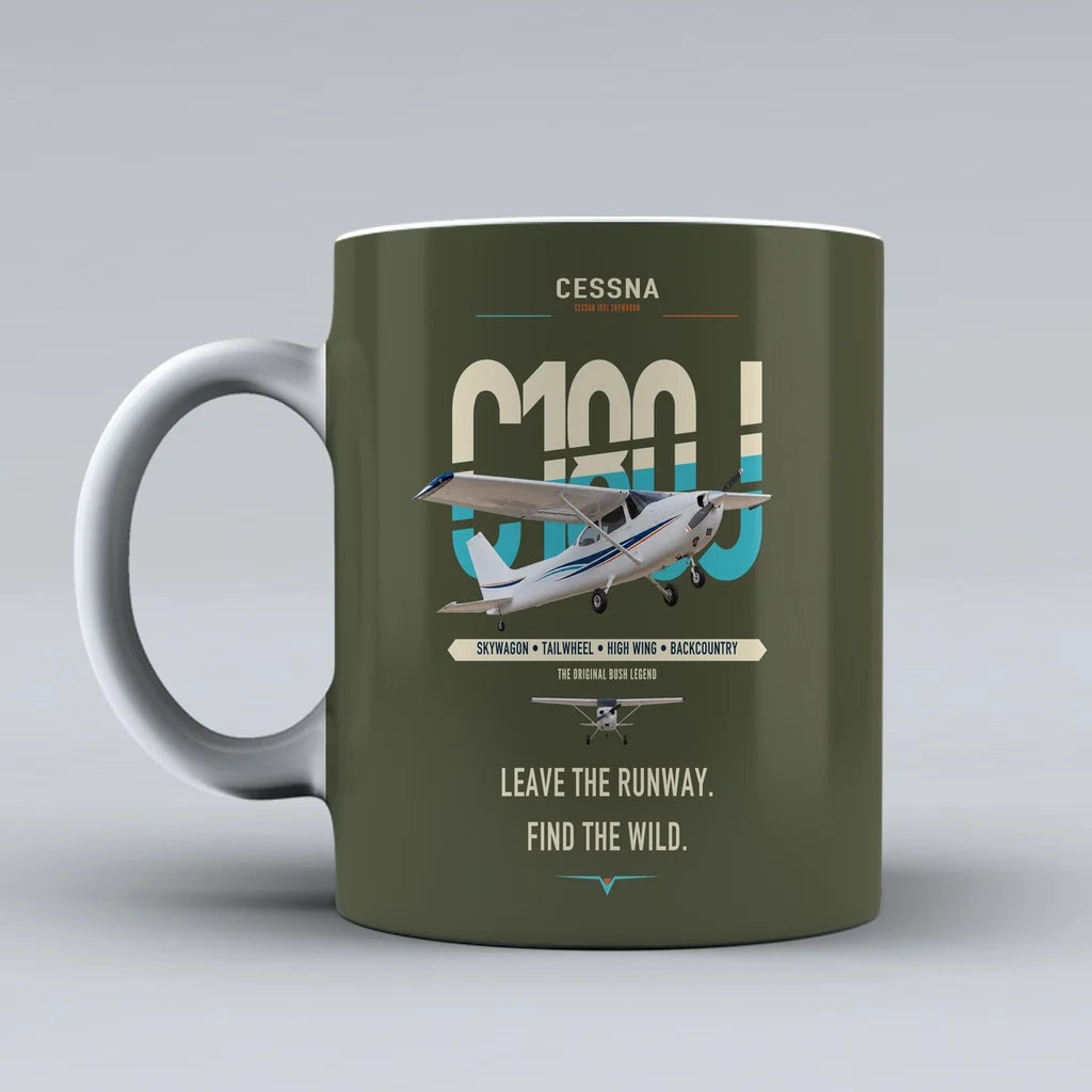 Cessna 180J Skywagon design on green army ceramic mug, double-side print