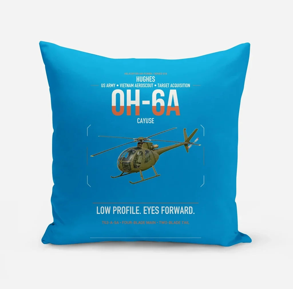 Hughes OH-6A Cayuse design on turquoise pillow