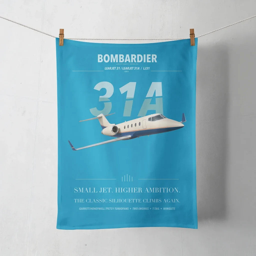 Bombardier Learjet 31A design on turquoise towel