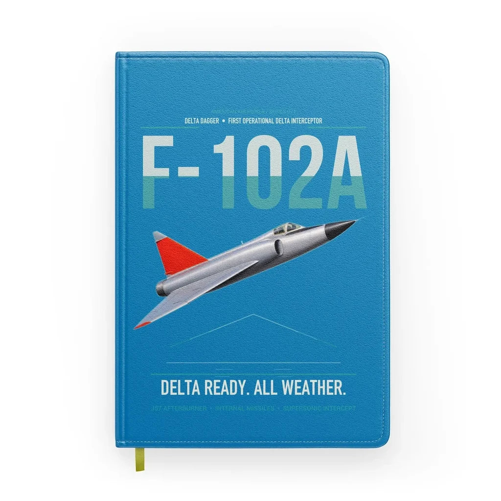 F-102A Delta Dagger design on turquoise notebook