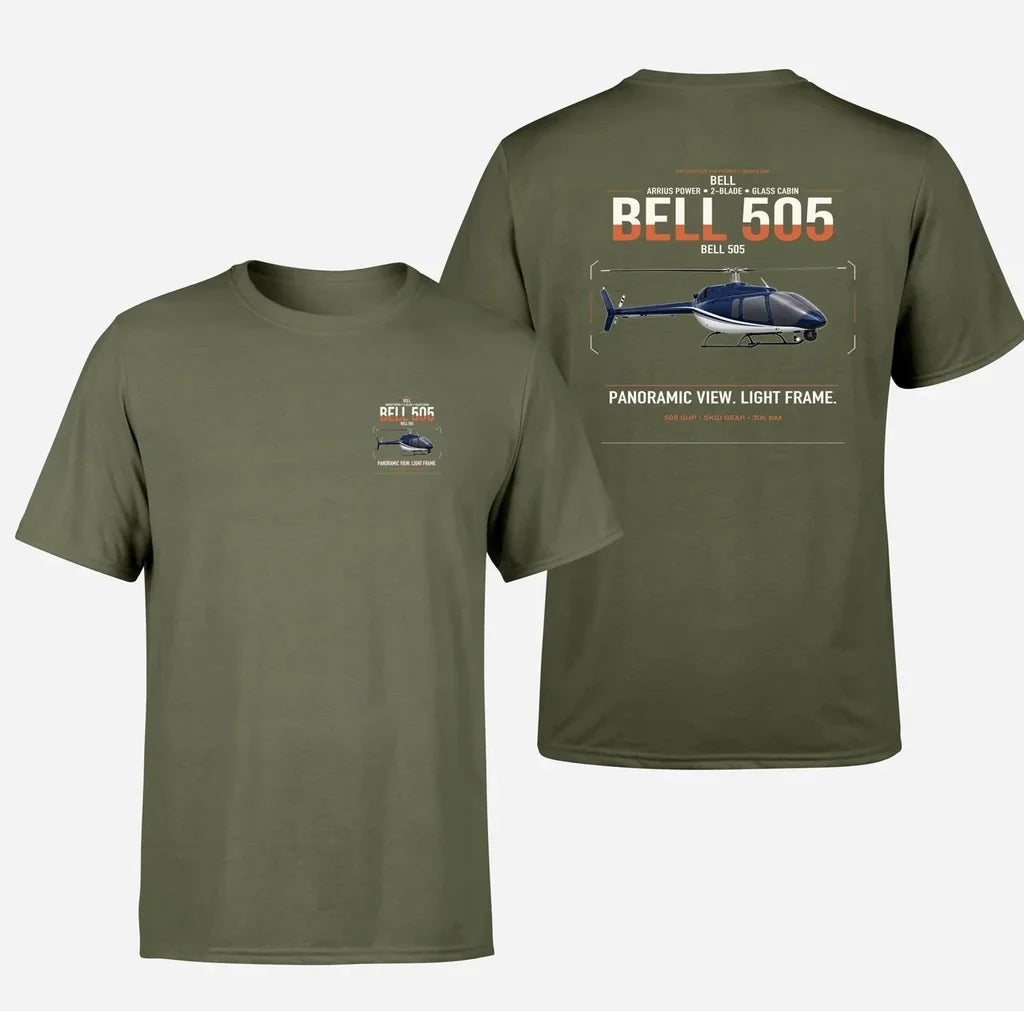 Bell 505 design on green army t-shirt, double-side print