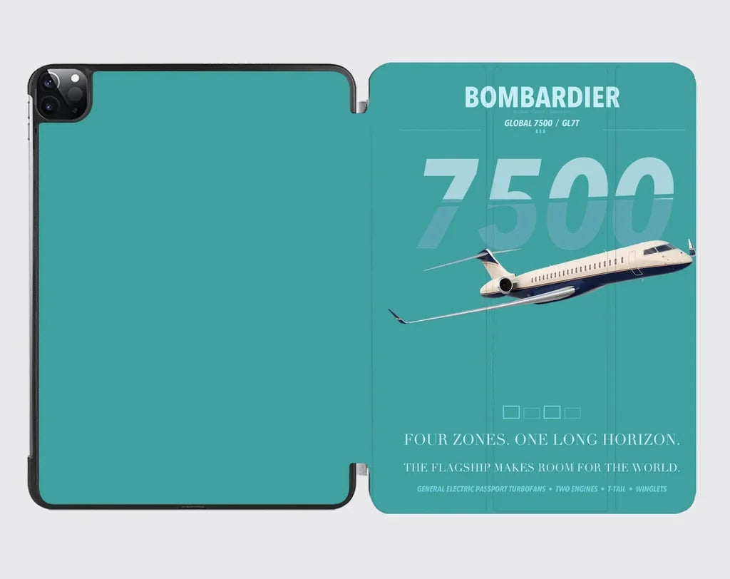 Bombardier Global 7500 design on turquoise ipad tablet case