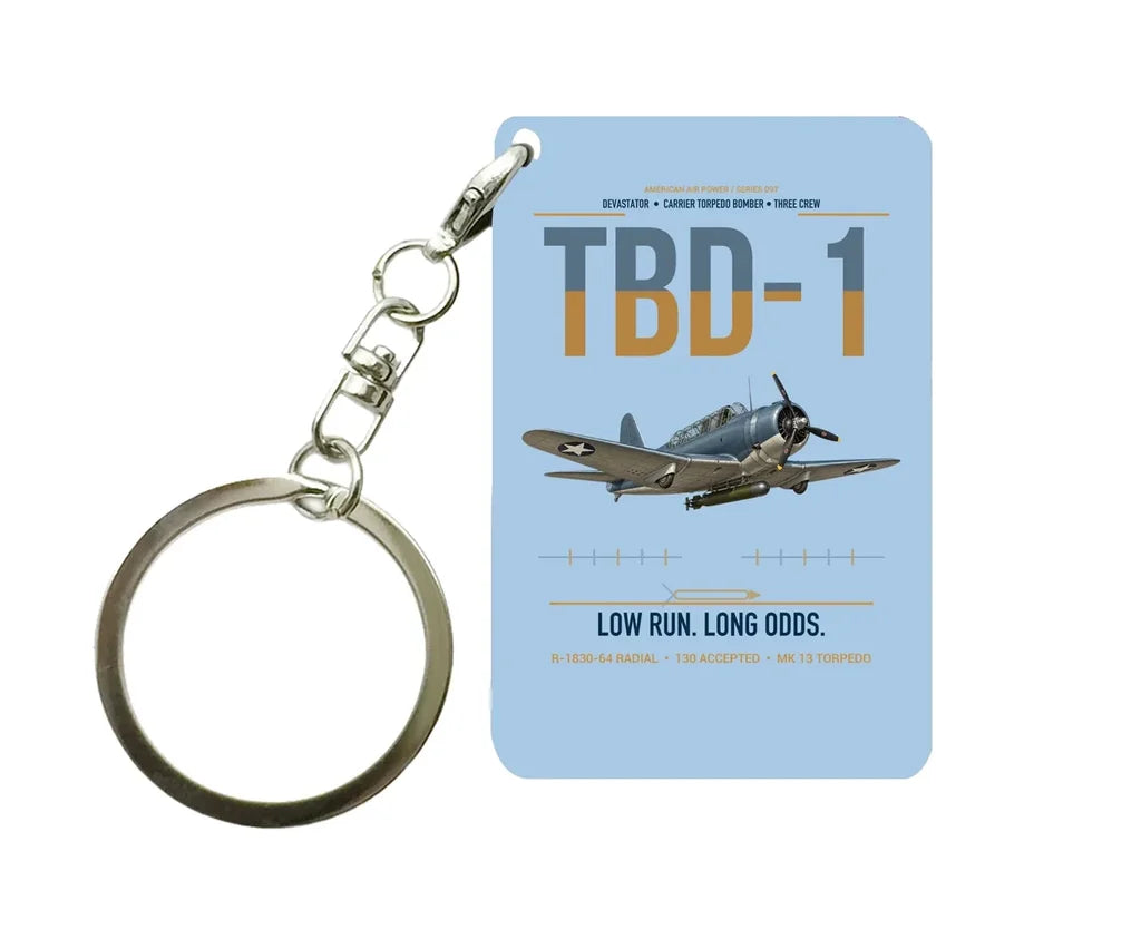 TBD-1 Devastator design on light blue designed key chain, double-side print