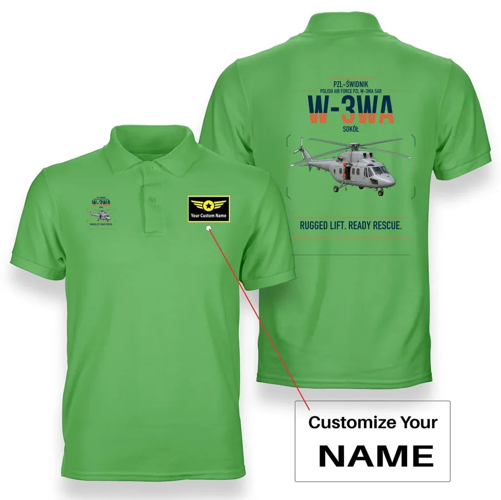 PZL-Świdnik W-3WA Sokół design on light green+name double-side polo t-shirt, double-side print