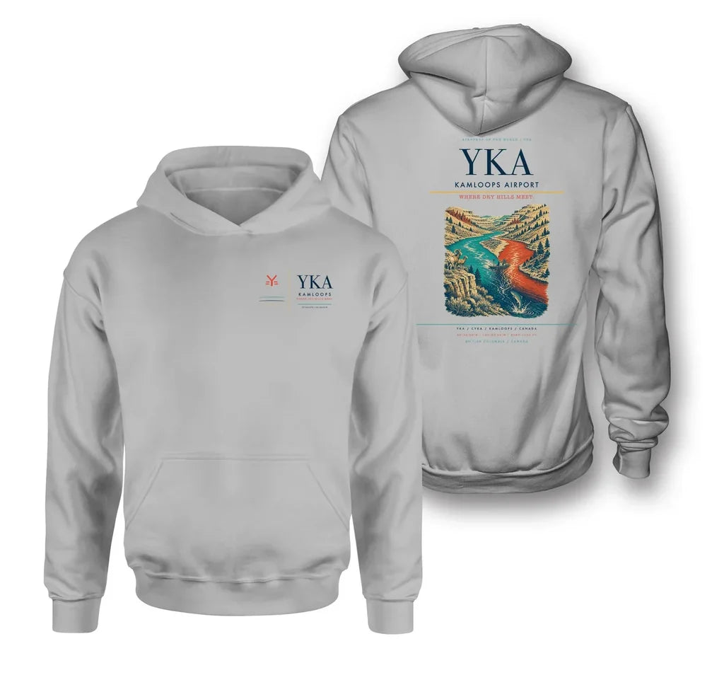 Kamloops Airport (YKA) design on light gray double-side hoodie