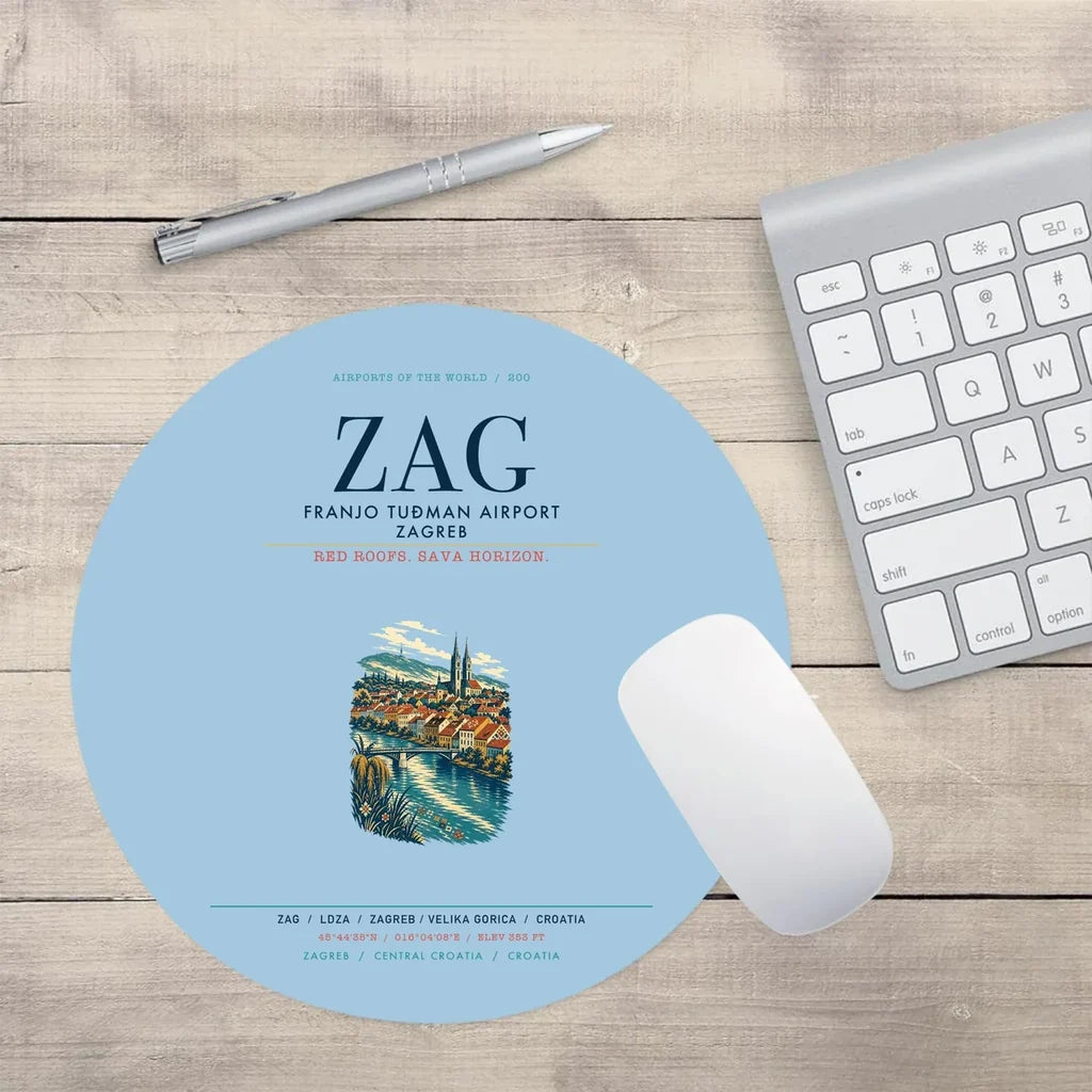 Franjo Tuđman Airport Zagreb (ZAG) design on light blue round mouse pad