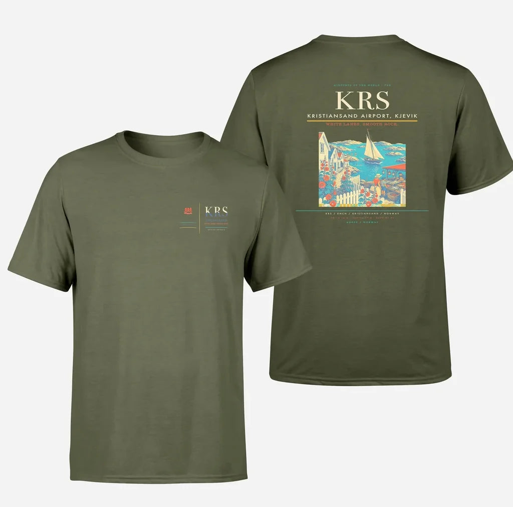 Kristiansand Airport, Kjevik (KRS) design printed on green army double-side t-shirt