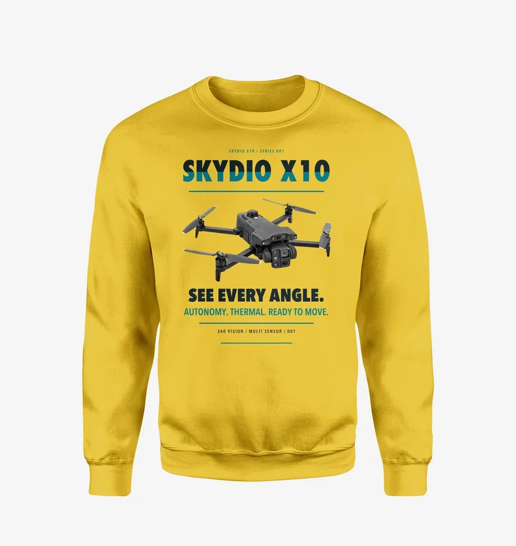 Skydio X10 design on yellow sweatshirt