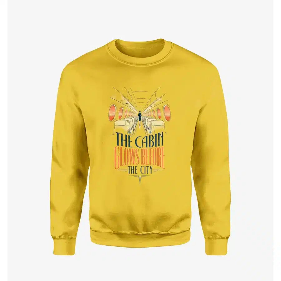 The Cabin Glows Before The City design on yellow sweatshirt