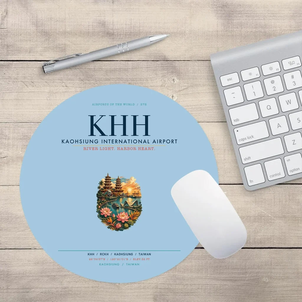 Kaohsiung International Airport (KHH) design on light blue round mouse pad