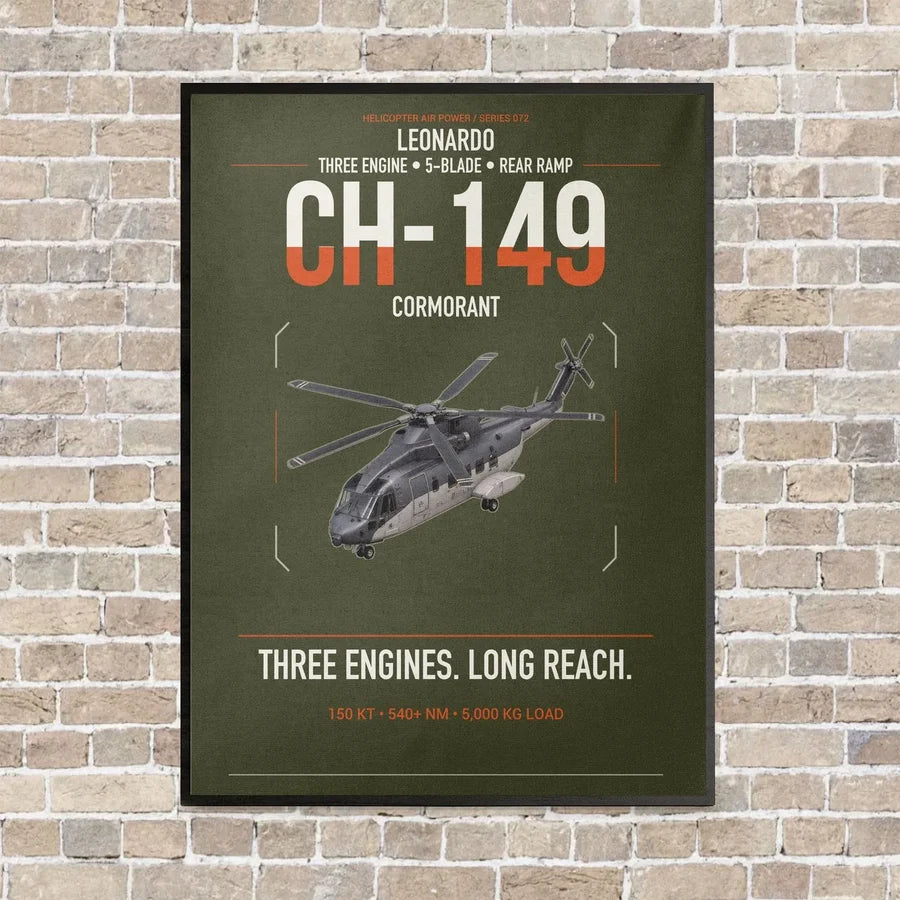 Leonardo CH-149 Cormorant vertical canvas print - framed - green army background