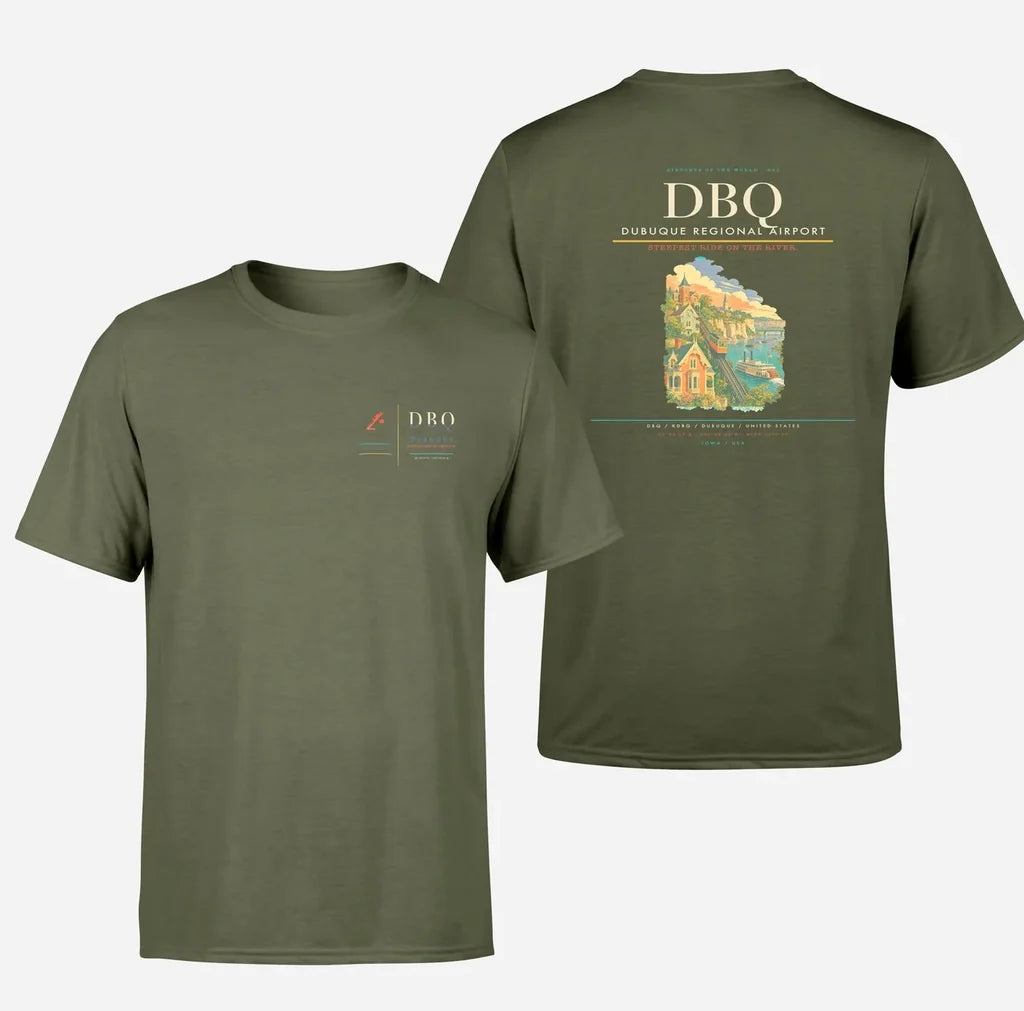 Dubuque Regional Airport (DBQ) design printed on green army double-side t-shirt