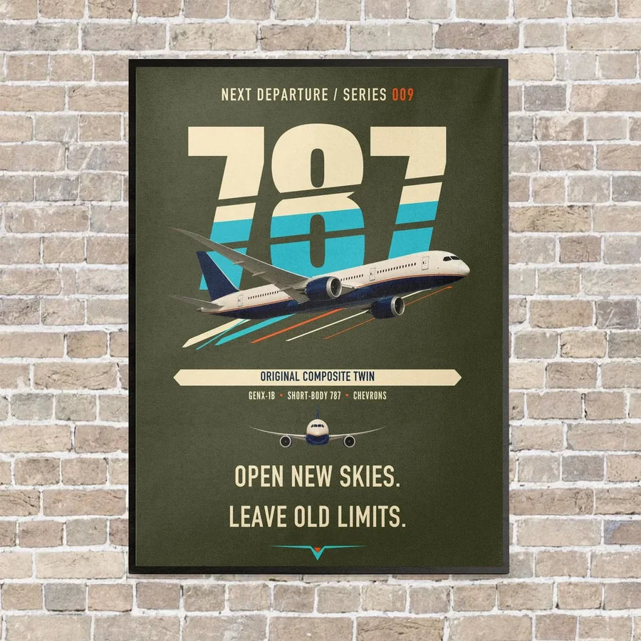 Boeing 787-8 Dreamliner vertical canvas print - framed - green army background