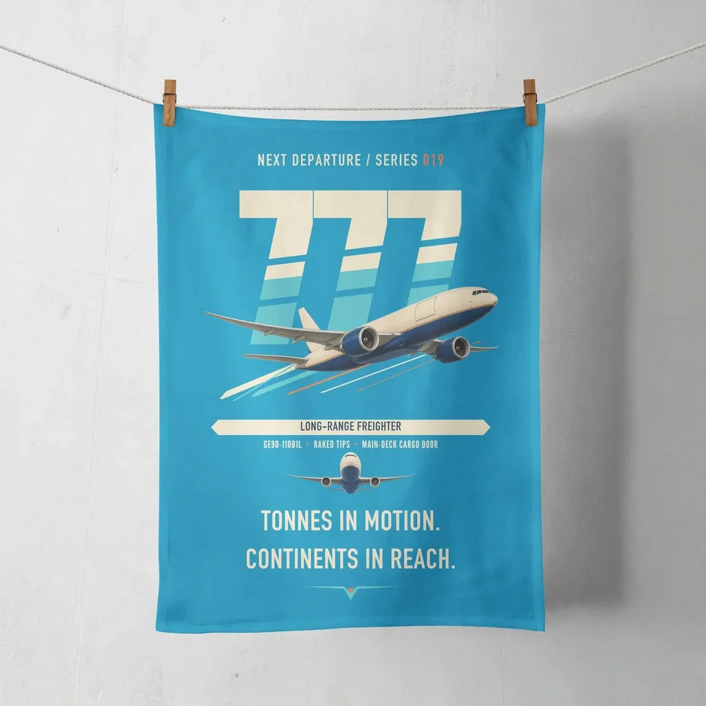Boeing 777F design on turquoise towel