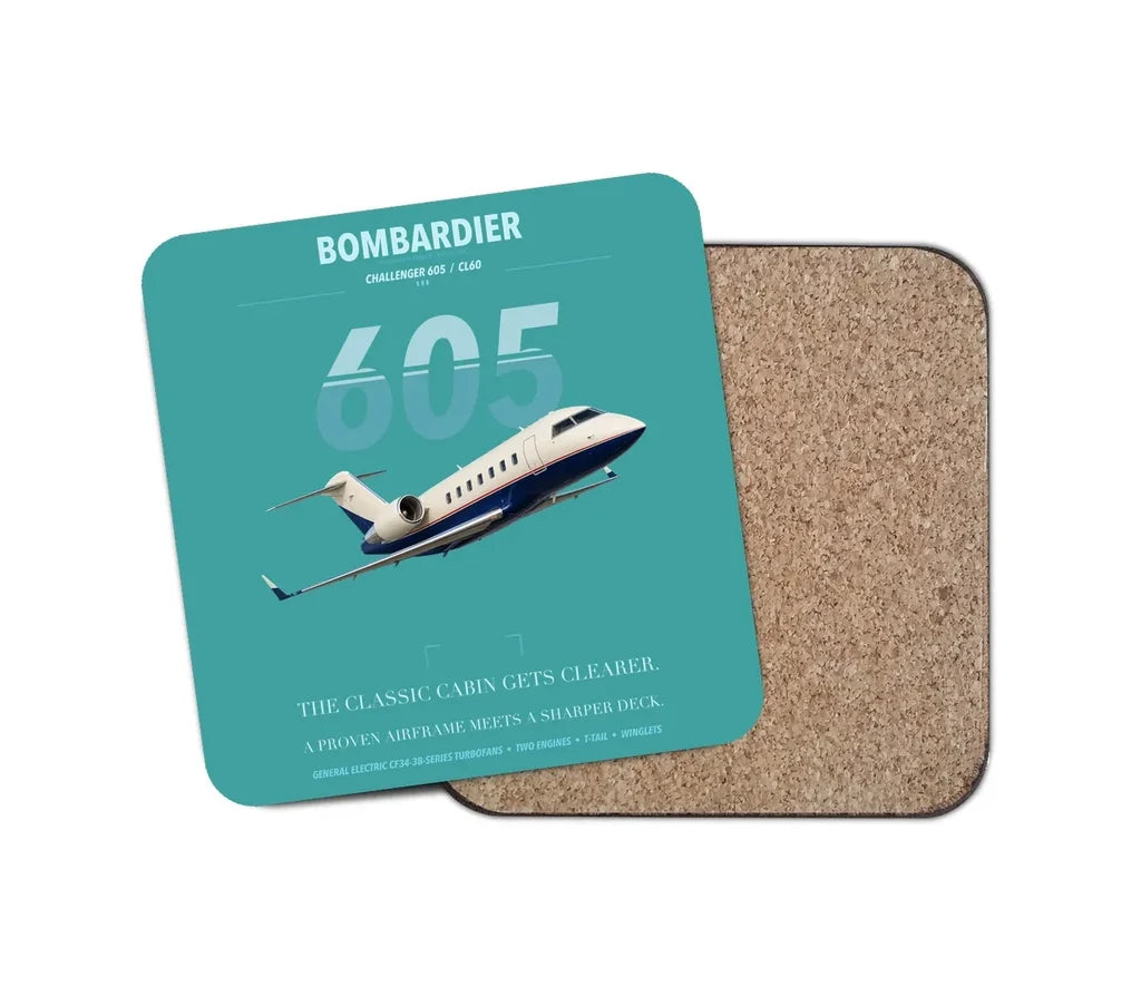 Bombardier Challenger 605 design on turquoise 1 piece coaster