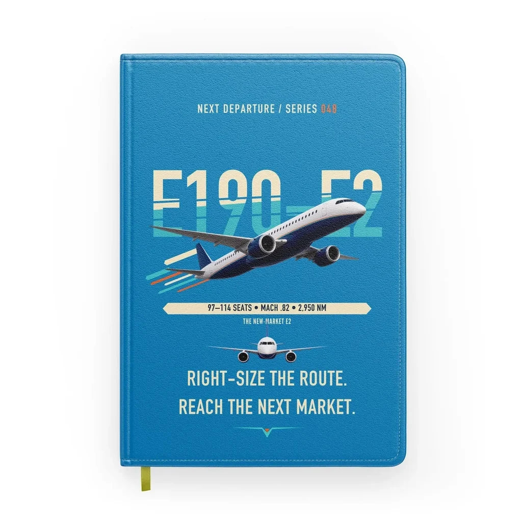 Embraer E190-E2 design on turquoise notebook
