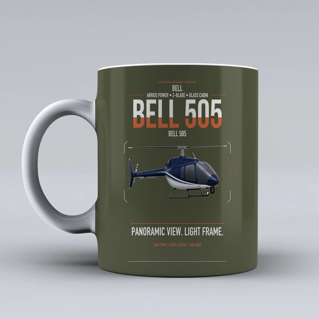 Bell 505 design on green army ceramic mug, double-side print