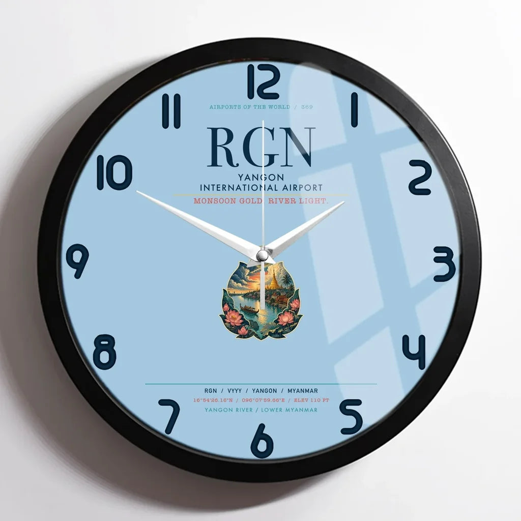 Yangon International Airport (RGN) design on light blue framed wall clock