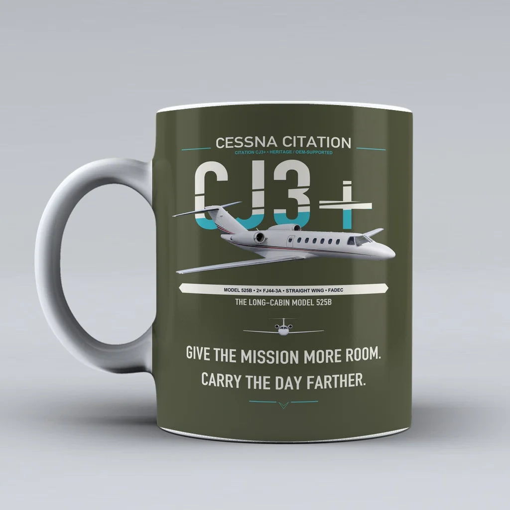 Cessna Citation CJ3+ design on green army ceramic mug, double-side print