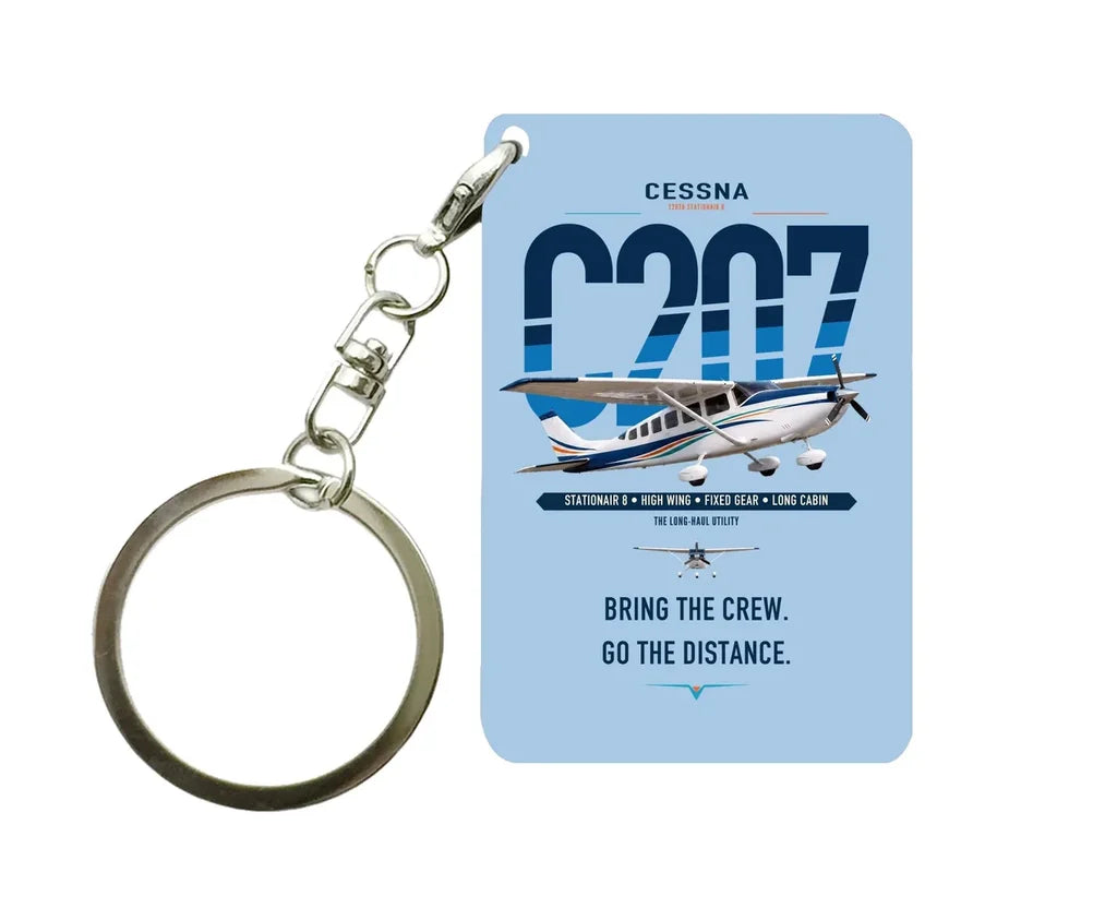 Cessna T207A Stationair 8 design on light blue designed key chain, double-side print