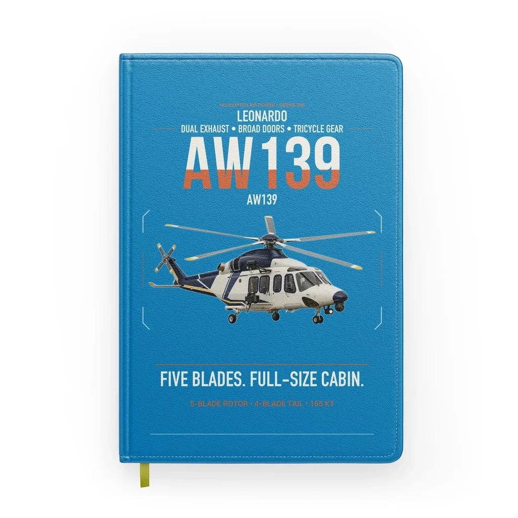 Leonardo AW139 design on turquoise notebook
