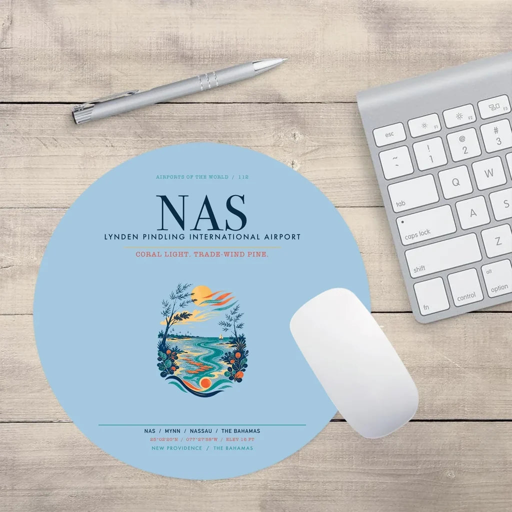 Lynden Pindling International Airport Nassau (NAS) design on light blue round mouse pad