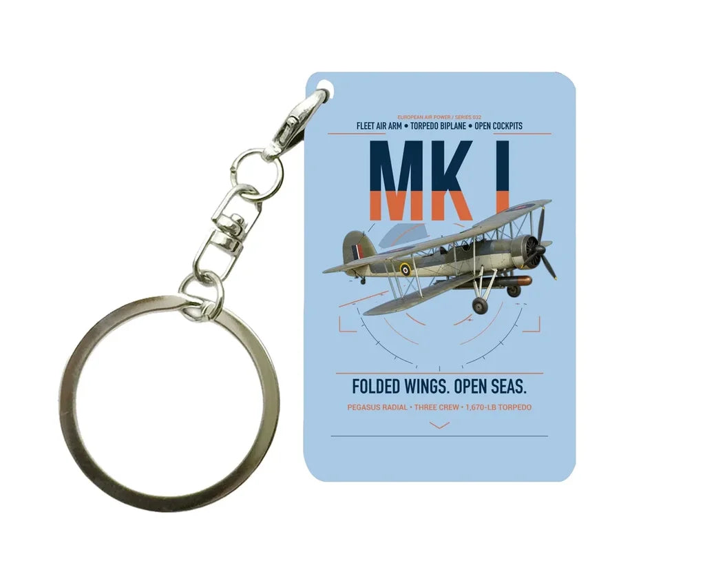 Fairey Swordfish Mk I design on light blue designed key chain, double-side print