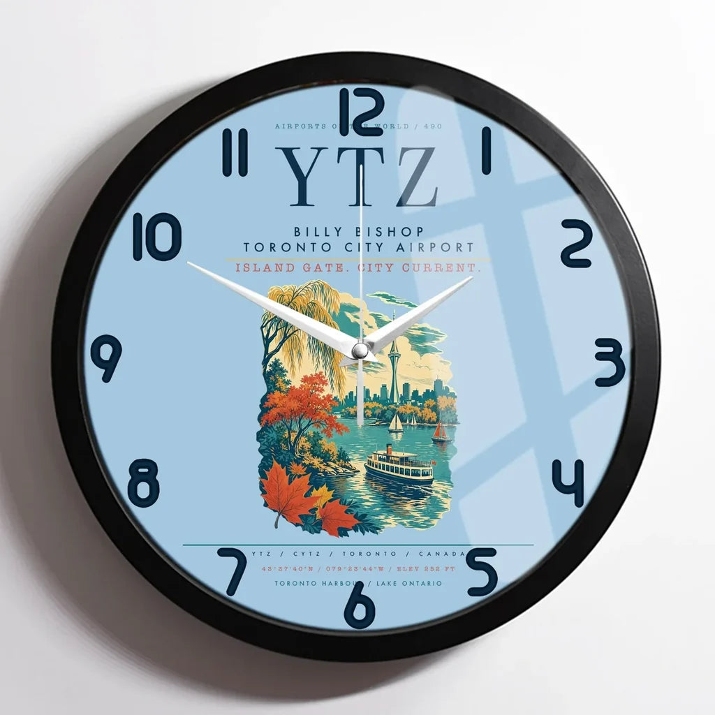 Billy Bishop Toronto City Airport (YTZ) design on light blue framed wall clock