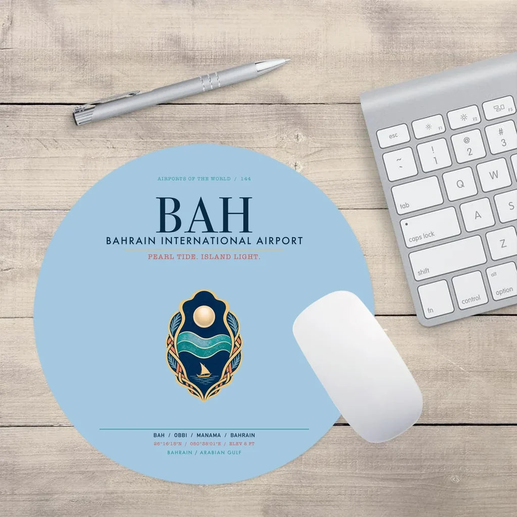Bahrain International Airport (BAH) design on light blue round mouse pad
