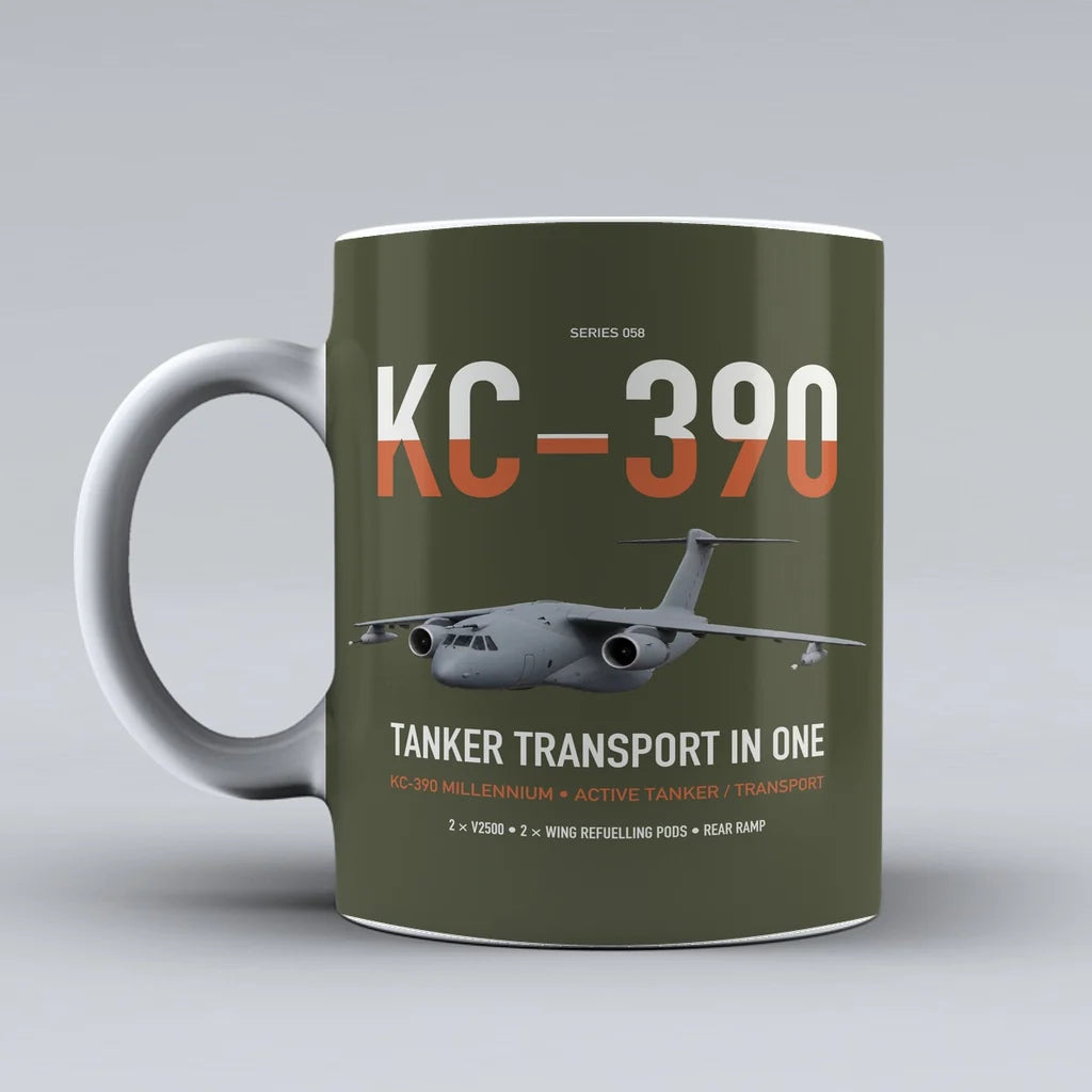 Embraer KC-390 Millennium design on green army ceramic mug, double-side print