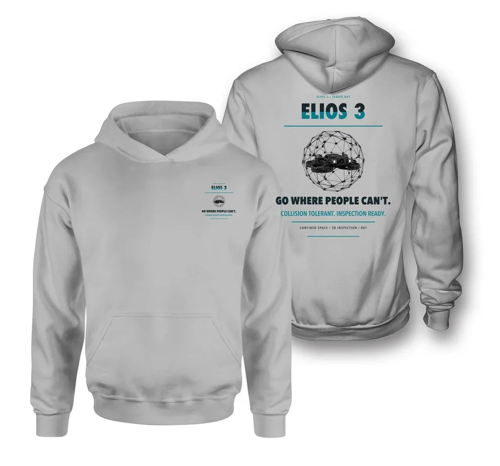 Flyability Elios 3 design on light gray hoodie
