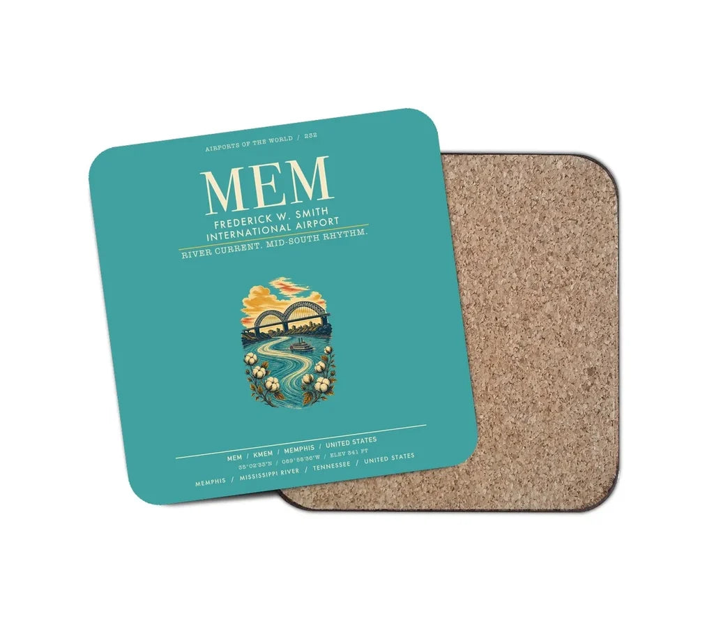 Frederick W. Smith International Airport Memphis (MEM) design on turquoise 1 piece coaster