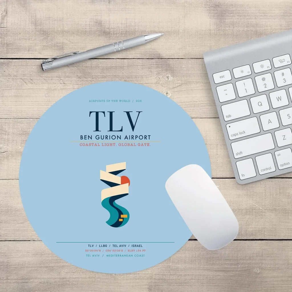 Tel Aviv Ben Gurion Airport (TLV) design on light blue round mouse pad